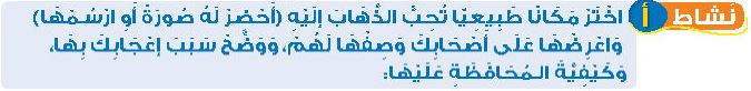 نشاط أ اختر مكانا طبيعيا تحب الذهاب إليه (أحضر له صورة أو ارسمها واعرضها على أصحابك وصفها لهم، ووضح سبب إعجابك بها وكيفية المحافظة عليها